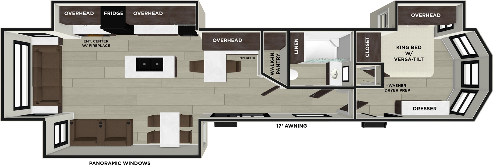 The Wildwood Lodge 40RLB has two entries and three slide outs. Exterior features include: metal or fiberglass exterior and 17' awning. Interiors features include: kitchen island, free-standing dinette option, front bedroom and rear living.